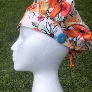 Women's Adjustable Surgical Bouffant /Cap w Buttons Orange Flower